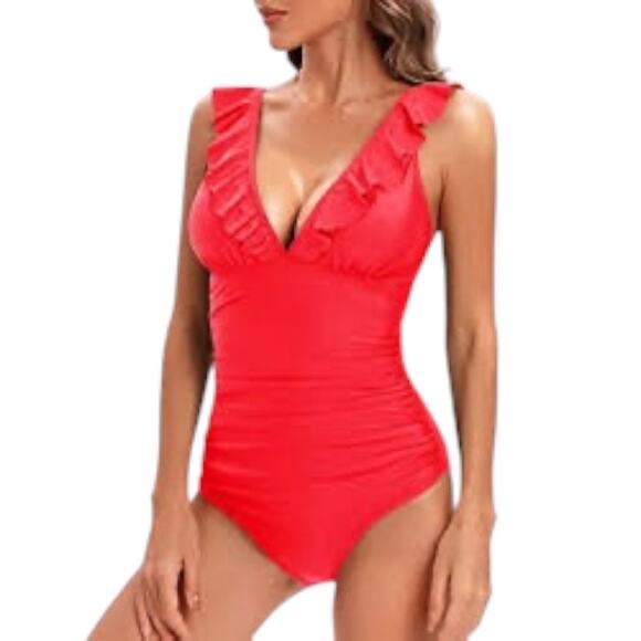 DKNY Ruffle Plunge Underwire Tummy
Control One-Piece Red Swimsuit Size 10 - Picture 1 of 6